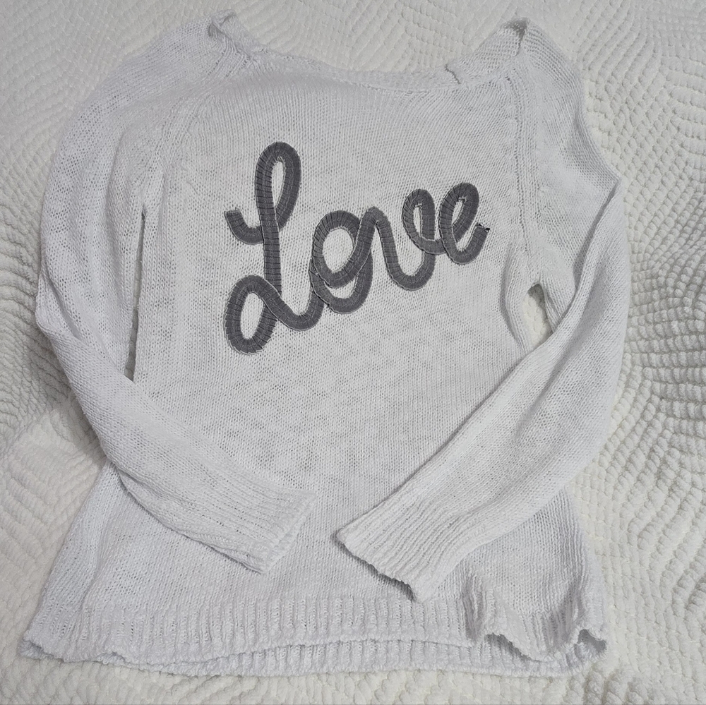 Lascana Off-the-Shoulder White Sweater with Love Design